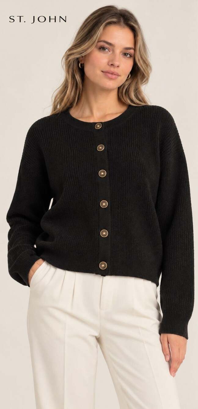 St. John Black Wool Blend Ribbed Cardigan Gold Buttons Size M Quiet Luxury
